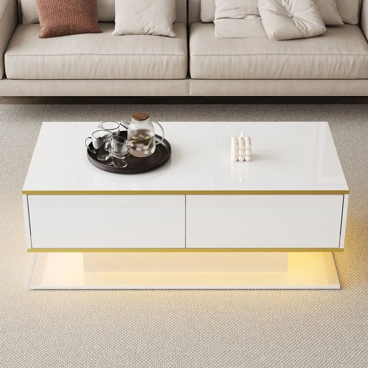 Merax Couchtisch hochglanz Sofatisch Beistelltisch mit LED-Beleuchtung (1-St), Wohnzimmertisch mit 3 Schubladen, Stauraum & Goldakzenten, 100 x 50 x 40 cm – Bild 2