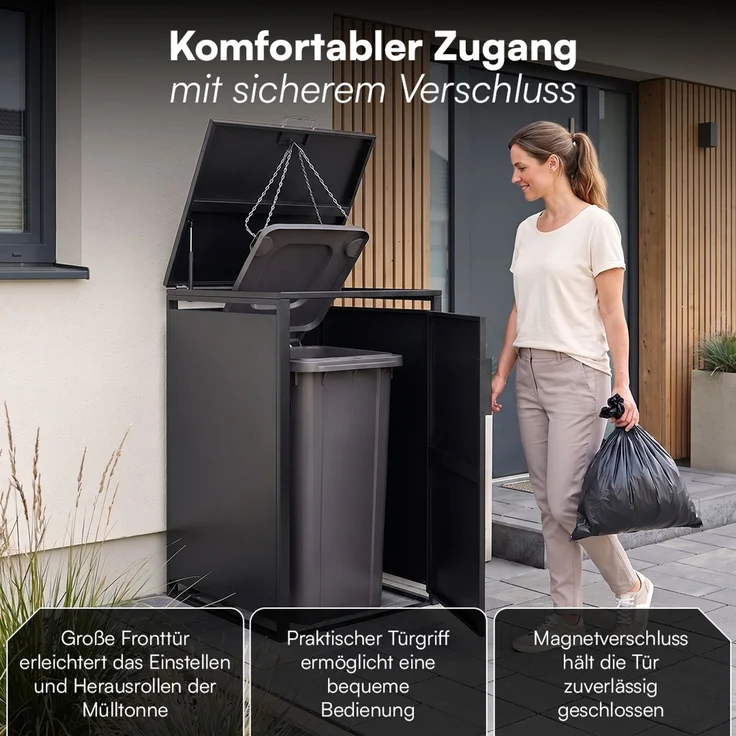 STEELSØN 'Thoria' Mülltonnenbox 1er je 240 Liter, graphitschwarz, Mülltonnenverkleidung aus Stahl, wetterfest, 116x80x69 cm, Müllbox für 1 Tonne – Bild 4