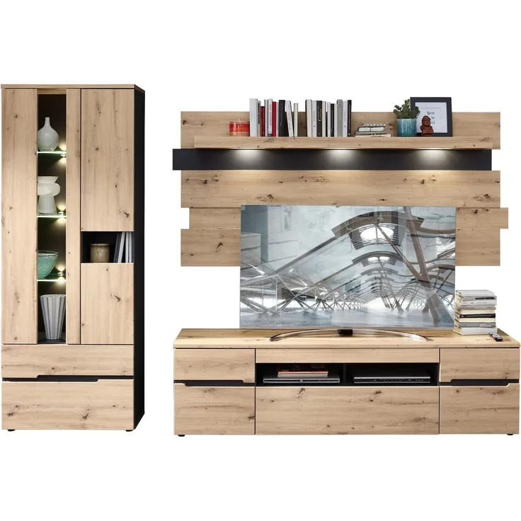 InnoStyle Wohnzimmerschrank MEMPHIS 3-teilig Artisan Eiche Graphit, Natur 287x47x197 cm