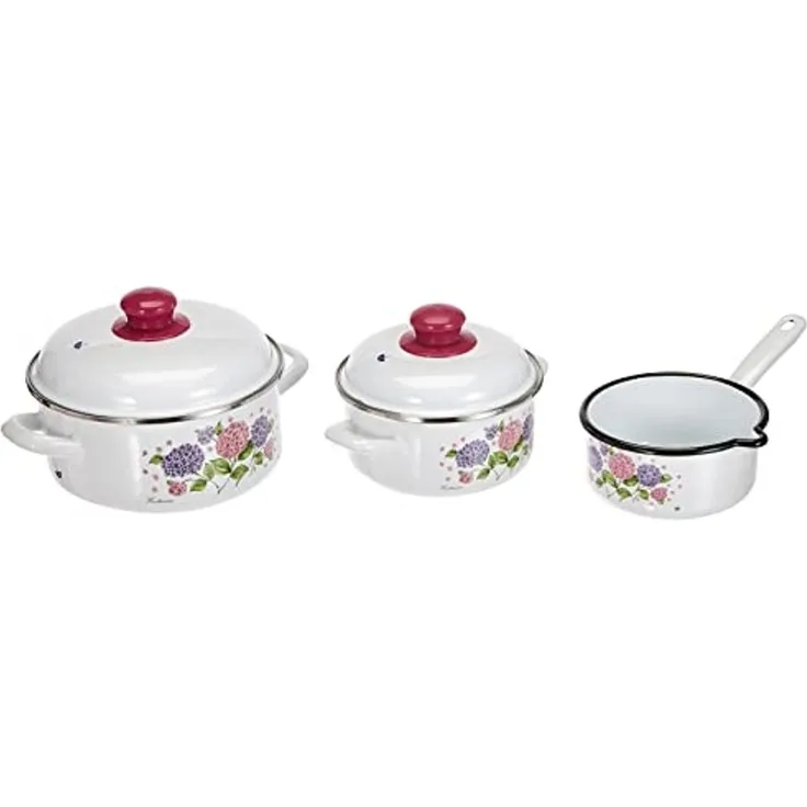 GSW Topf-Set Hortensie, Stahl-Emaille (Set, 5-tlg, 1x Kochtopf Ø 16 cm, 1x Kochtopf Ø 20 cm, 1x Stielkasserolle Ø 16 cm), Induktion