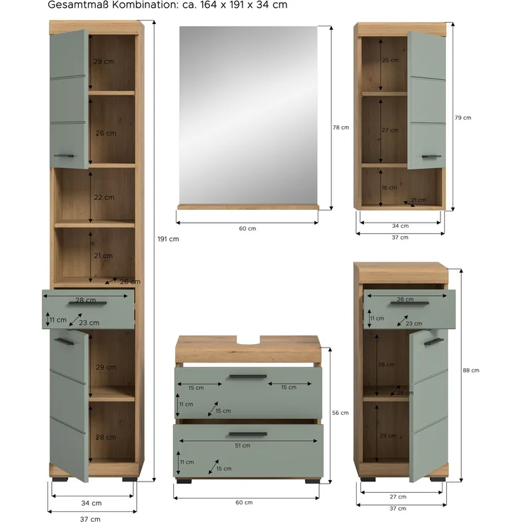 Xonox Scout Badkombination (B/H/T: 164x191x34 cm) in Salbei und Artisan Eiche Nachbildung – Bild 4