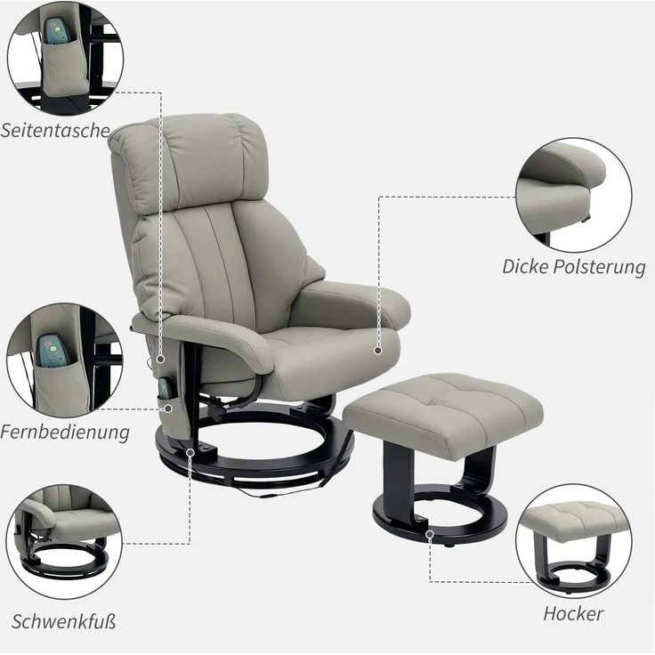 Massagesessel mit Hocker, Vibrationsmassage & 360°-Drehfunktion, 76x80x102 cm, Grau – Bild 4