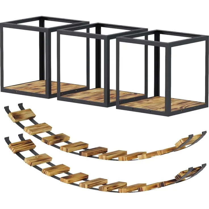 QLS Katzen-Kletterwand LOFT Deckenmontage, Set Aus Metall pulverbeschichtet und Holz Geflammt 5 Teilig