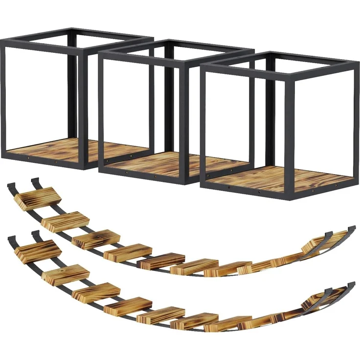 QLS Katzen-Kletterwand LOFT Deckenmontage, Set Aus Metall pulverbeschichtet und Holz Geflammt 5 Teilig – Bild 1