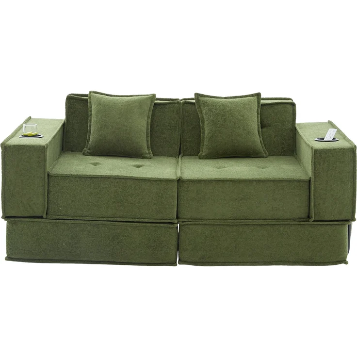 2-Sitzer-Sofa, Chenille mit Seitentaschen & 2 Kissen, 162x78x66 cm, Grün – Bild 4
