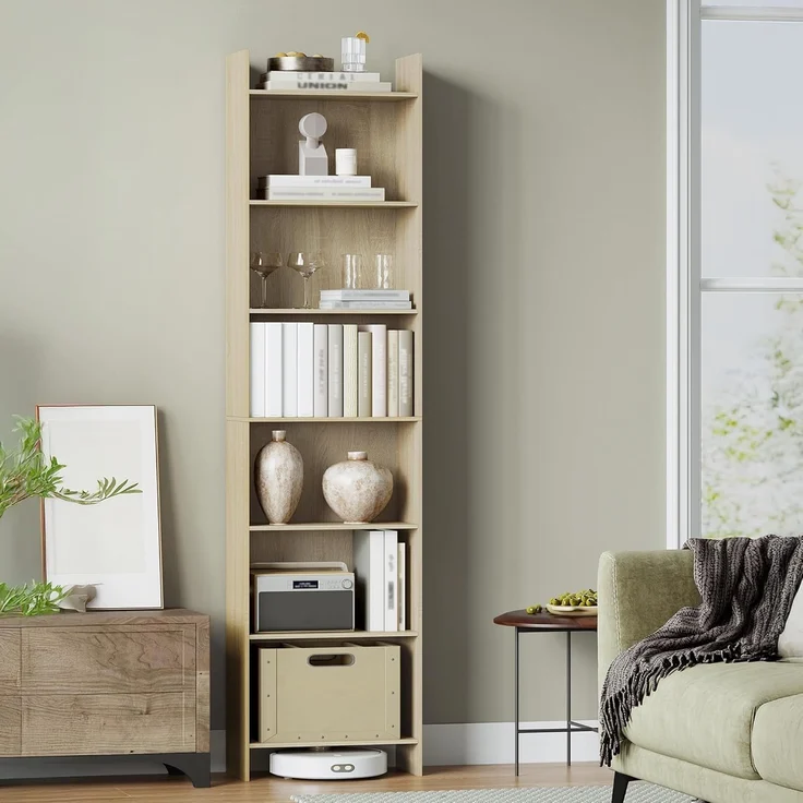 Bücherregal, Regal, Standregal, Büroregal, mit 7 Fächern, offen, für Wohnzimmer, Arbeitszimmer, Büro, als Raumteiler, 24 x 48 x 197,4 cm, Eichenbeige – Bild 1