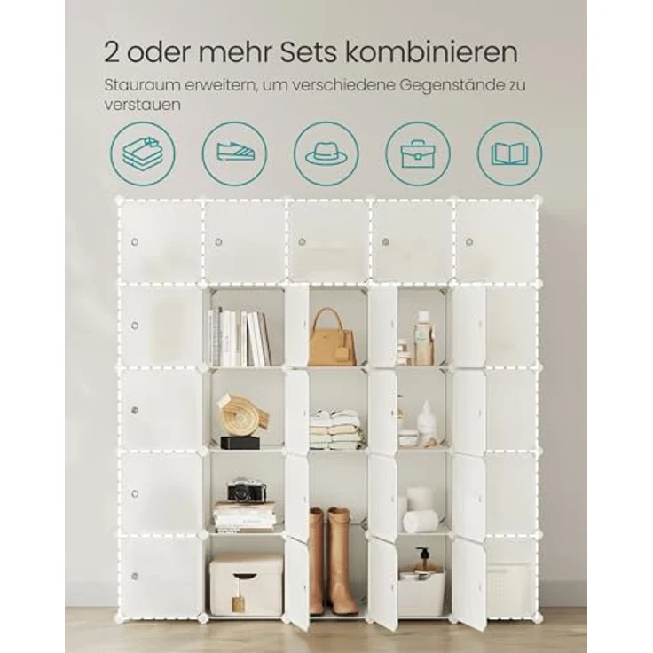 SONGMICS Regalsystem, Schuhregal, Set aus 16 Würfeln, Kleiderschrank aus Kunststoff, mit Türen, Steckregal, Aufbewahrung von Kleidung, Schuhen und Büchern, einfache Montage, cremeweiß LPC443W01 – Bild 6