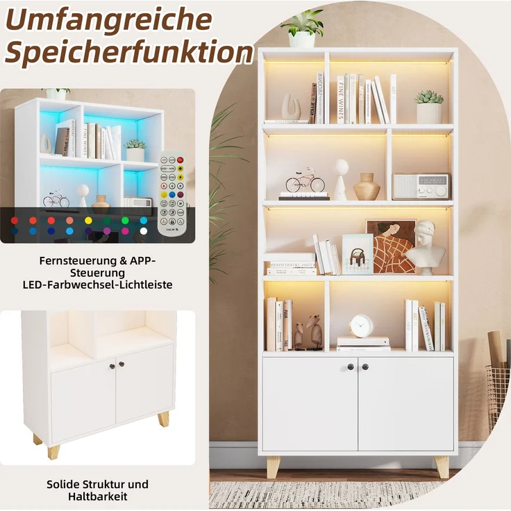 Flieks Bücherregal mit LED 80×30×173 cm, Standregal weiß, Regal mit Türen & offenen Fächern, Massivholzbeine, Fernbedienung – Bild 5