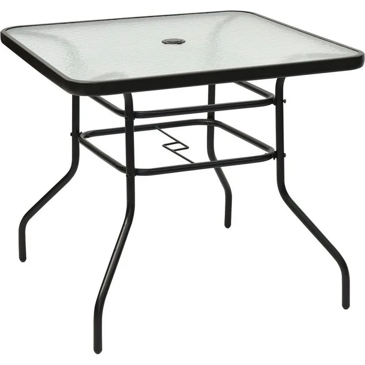 COSTWAY Bistrotisch Gartentisch mit Schirmloch und Glasplatte für den Innen- und Aussenbereich, Schwarz, 80 x 80 x 71 cm