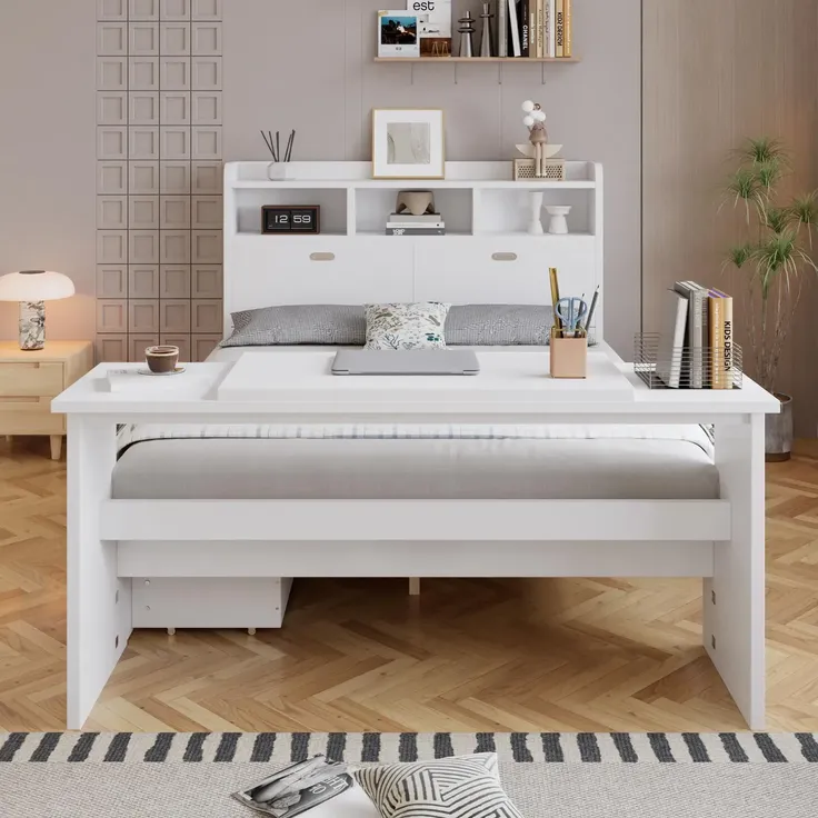 Kinderbett mit Stauraum und Klapptisch, mit Lattenrost, Regal, Schrank, Schubladen und Klapptisch, Holzbett, Stauraumbett, 90x200 cm – Bild 2