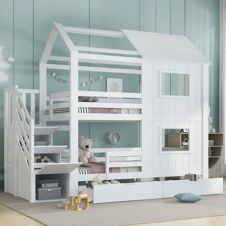 Etagenbett, Kinderbett Treppenschrank mit Ablagefächern Aufbewahrungsschublade mit Rollen schöne Fenster und Dach stabile Lattenroste, Kiefer+MDF+Sperrholz, Weiß, 90x200cm