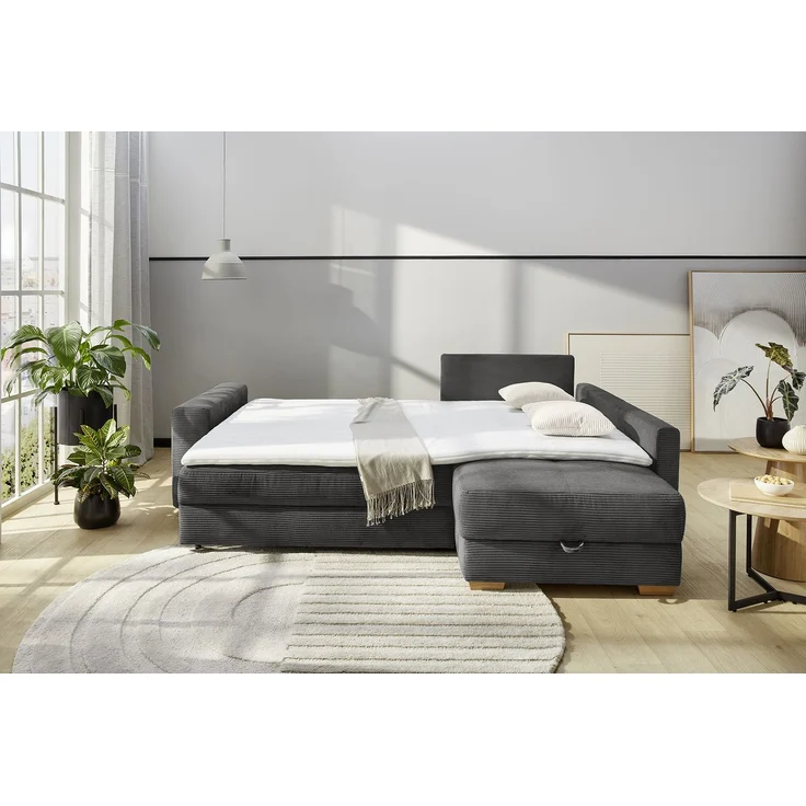 Ecksofa-Dauerschläfer Boxspring Federkerncouch Topper Stauraum Cord Grau Anthr. – Bild 6