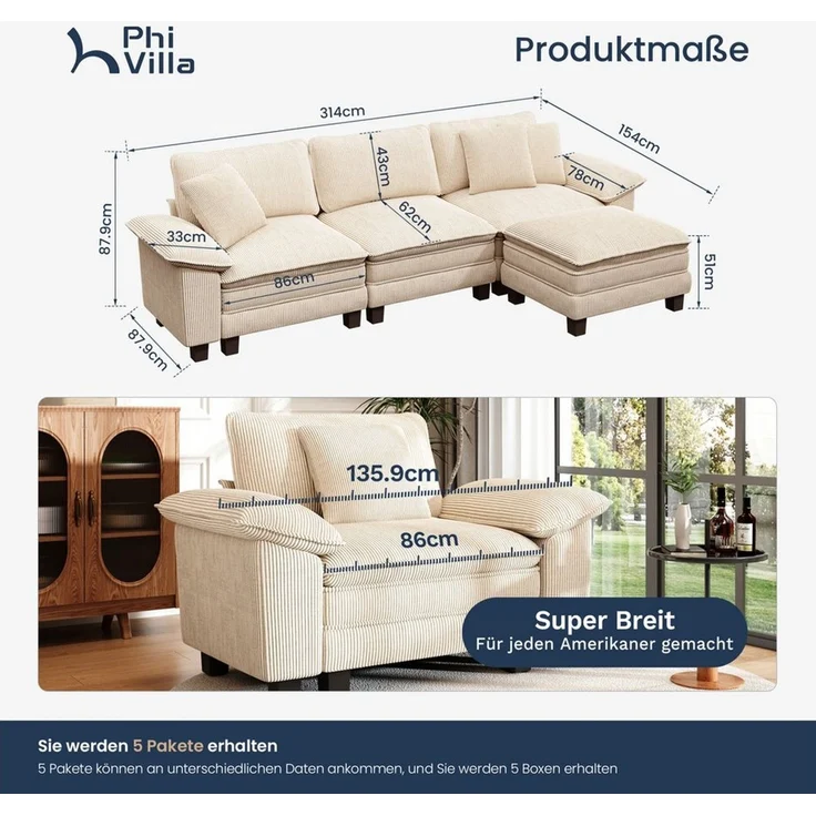 PHI VILLA Ecksofa L-Form Couch, 4-6-Sitzer-Sofa, Modulare Sofas inklusive Zierkissen und Ottomane für das Wohnzimmer – Bild 2
