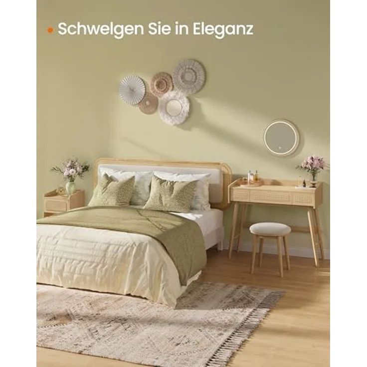SONGMICS HOME BOHOVEN Kollektion - Schminkhocker, Schminktisch-Hocker gepolstert, Massivholzbeine, Sitzhocker rund, Fußhocker, rutschfeste Fußpads, Boho-Stil, Schlafzimmer, cremeweiß-eichenbeige – Bild 4