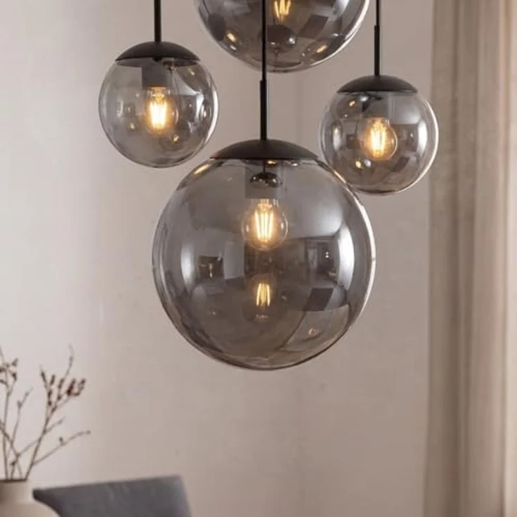 Liadomo Pendelleuchte Vetro, Leuchtmittel inklusive, Warmweiß, 5-flammig, Cluster, Rauchglasschirme, E27, für hohe Decken geeignet – Bild 6