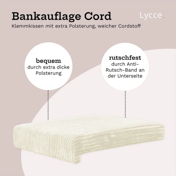 Lycce Bankauflage Bankauflage Klemmkissen 1 Leiste, Cordstoff extra Polsterung, (1 St), für Banktiefe ab 35 cm, verrutscht nicht, versch. Farben – Bild 3