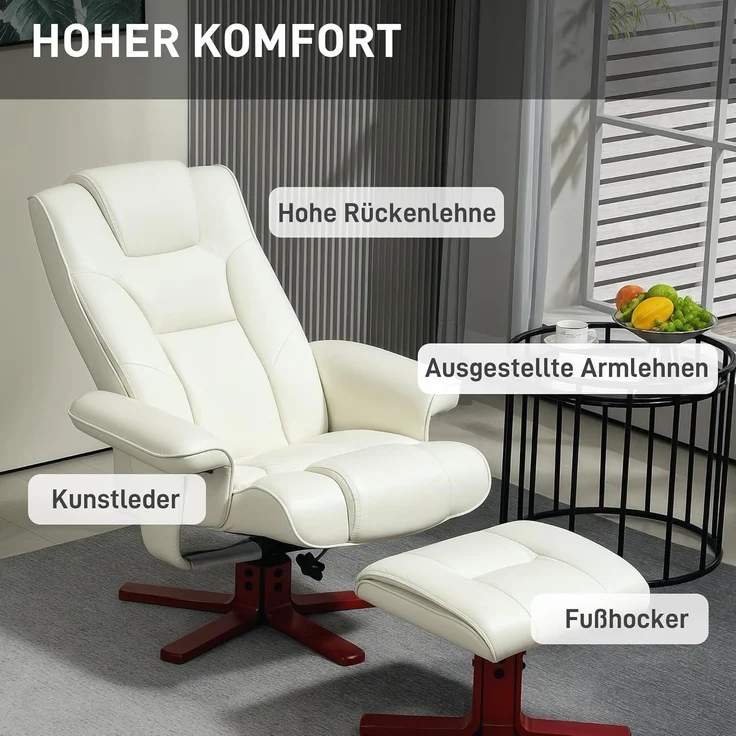 HOMCOM Relaxsessel mit Hocker, Liegefunktion, Wippfunktion (Gepolstert Liegesessel, 2-St, TV-Sessel), bis 150 kg, für Wohnzimmer, Kunstleder, Cremeweiß – Bild 6