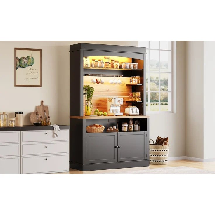 Küchenschrank, hoher Küchenschrank (107x43x184 cm), Vitrine, Anrichte, Anrichte mit LED-Beleuchtung, offenes Regal, schwarz--Schwarz--107x43x184cm--YOUDENOVA – Bild 3