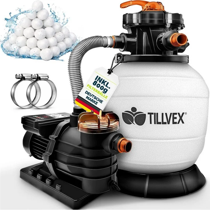 tillvex Sandfilteranlage 10 m³/h Filteranlage + 800g Filterbälle 7-Wege Ventil Poolfilter, Filterkessel mit Druckanzeige Sandfilter für Pool und Schwimmbecken – Bild 1