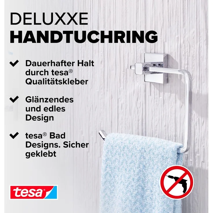 tesa Handtuchring DELUXXE Handtuchhalter ohne Bohren - 15,6 cm : 12,5 cm : 18,4 cm, selbstklebender Handtuchhalter - chrom - silber glänzend – Bild 2