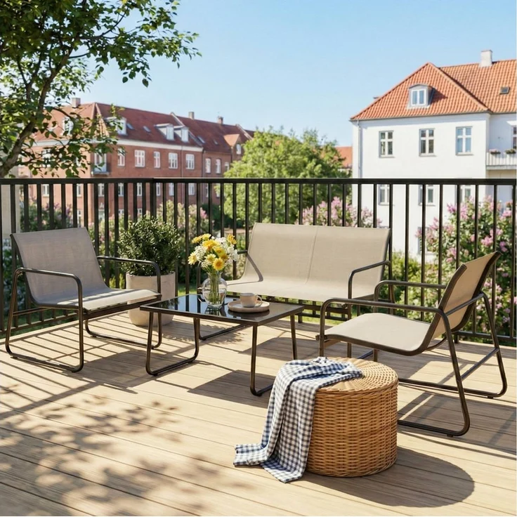 Mondeer Balkonset Gartenmöbel Set 4-tlg, (1 Tisch mit 1 Doppelstuhl 2 Einzelstühlen), Ergonomischen Armlehnen und Stabilem Stahlrahmen – Bild 1