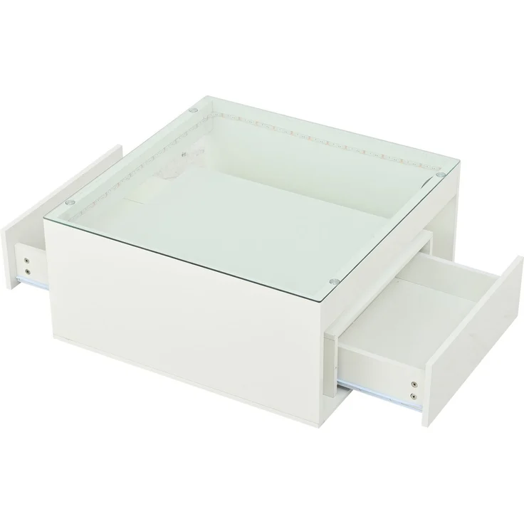 Couchtisch 70x70x35 cm in Weiß mit LED, Schubladen und Glasplatte – Bild 7