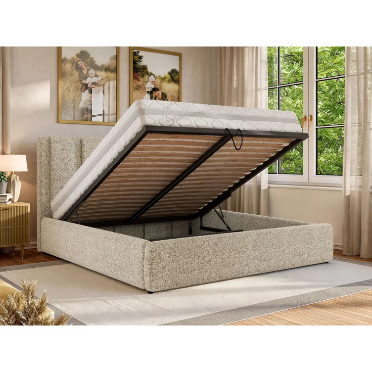 Polsterbett SAVINO CLASSIC mit Bettkasten und Lattenrost Doppelbett 140 x 200 cm mit hohem Kopfteil Stauraumbett Bett mit Gasdruckfeder - Beige Stukture – Bild 4