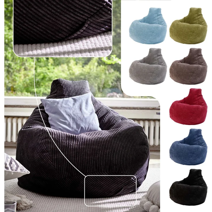Green Bean® Sitzsack mit Rückenlehne 80x80x90cm - Gaming Chair mit 230L Füllung Cordstoff - Bean Bag Bodenkissen Lounge Sitzhocker Relax-Sessel Gamer Gamingstuhl Schwarz – Bild 2
