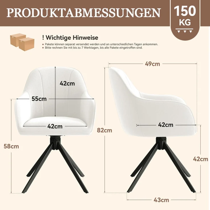 Hawthyhome 4-Fußstuhl Esszimmerstuhl drehbar mit Armlehne, 360° Drehfunktion, Leinenbezug, stabiles schwarzes Metallgestell, moderner Küchenstuhl für Esszimmer, Wohnzimmer, Büro & Homeoffice, Weiß – Bild 2