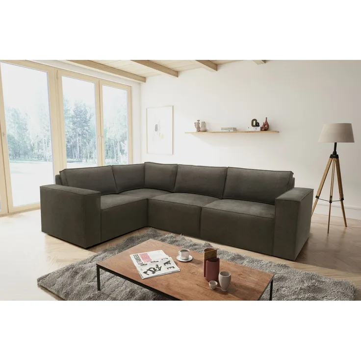 DOMO. collection Ecksofa 100017, Couch in L-Form mit Rückenkissen und Armlehnen, Sofa, Polsterecke, Eckcouch, Polsterganitur 217 x 197 x 84 cm (BxTxH), schlamm
