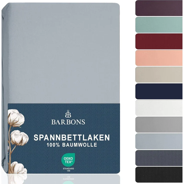 BARBONS Spannbettlaken 140x200 cm - 100% Baumwolle Spannbettlaken, Oeko-TEX Zertifiziert, Bettlaken Jersey, Spannbetttuch, Matratzenhöhe bis 25 cm (Hellblau - 140x200) – Bild 1
