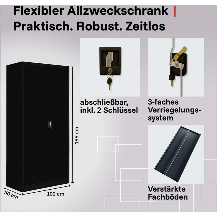 LagerZwei Aktenschrank Stahlschrank 195x100x50 cm (Packung, 2-St, 2er-Set) 3-fach verriegelt, 4 Böden, bis 60 Ordner, Flügeltüren 130° – Bild 3