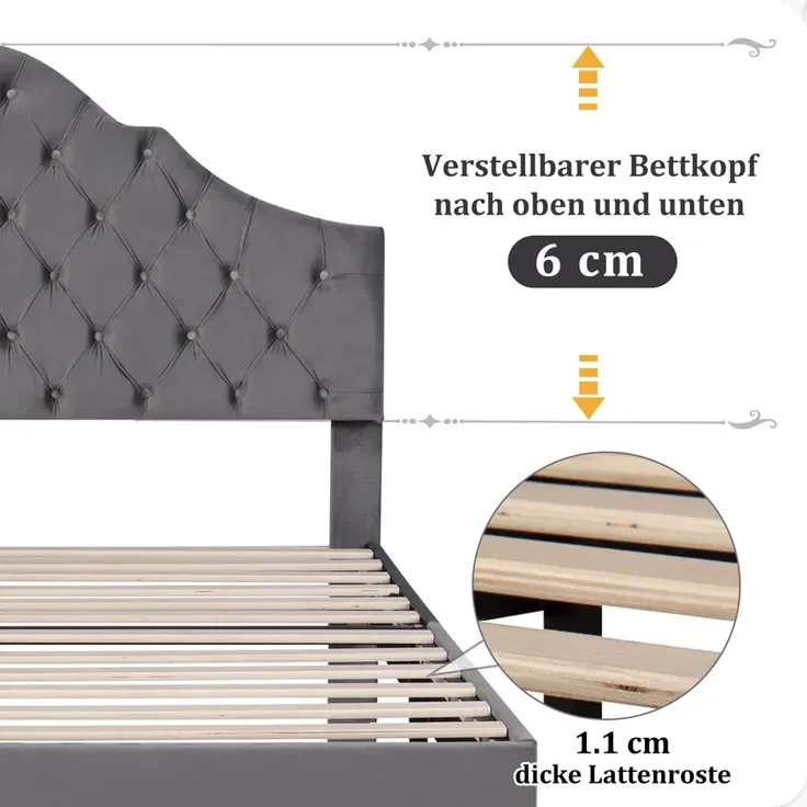 Polsterbett, Einzelbett mit Lattenrost, 90x200 cm, Kopfteil höhenverstellbar, Jugendbett, Samt – Bild 4