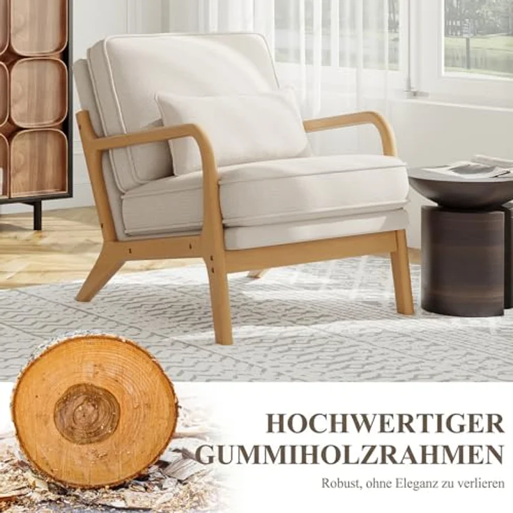 COLAMY Sessel Wohnzimmer Mid-Century Modern 2er Set, Loungesessel mit Lendenkissen, Massivholzrahmen & weichem Polster, bequemer Lesesessel für Wohnzimmer und Schlafzimmer, Beige – Bild 4