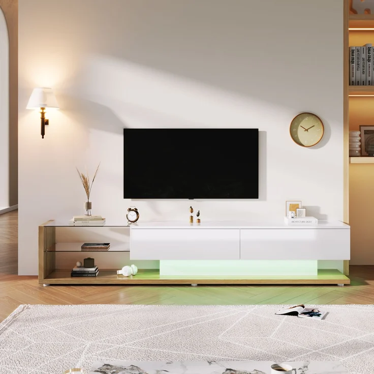 TV-Schrank 170 cm Weiß Hochglanz mit LED-Beleuchtung, 2 Schubladen, 2 Glasregale – Bild 9