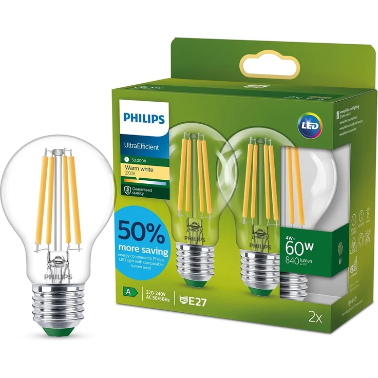 Philips Classic ultraeffiziente E27 LED Lampe, 60W, klar, warmweiß, Doppelpack
