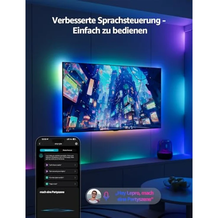 Lepro AI LED Streifen S1, MagicColor RGBIC 10M Smart LED Strip mit KI-Lichtdesigner, Musik-Sync, App-Steuerung, kompatibel mit Alexa & Google Assistant für Party & Gaming – Bild 4