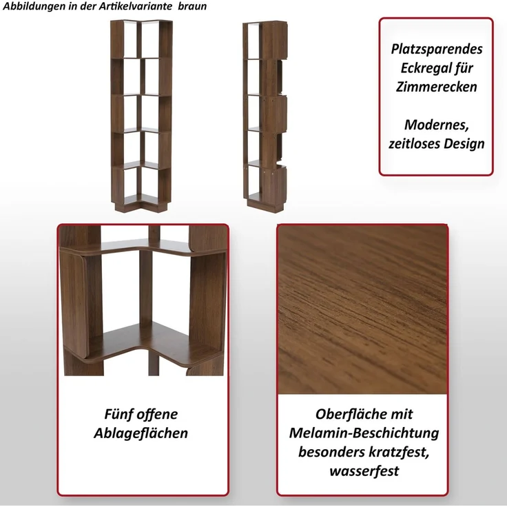 Eck-Bücherregal HWC-P53, Eckregal Standregal Wohnregal, 5 Ebenen MDF Melamin 175x40x40cm ~ Bambus-Optik – Bild 2