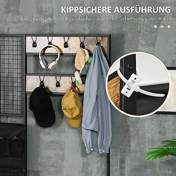 HOMCOM Garderobenständer, Braun, Metall und Holzwerkstoff, mit Schuhregal, 9 Haken und Memo-Board, 100x40x185 cm – Bild 6