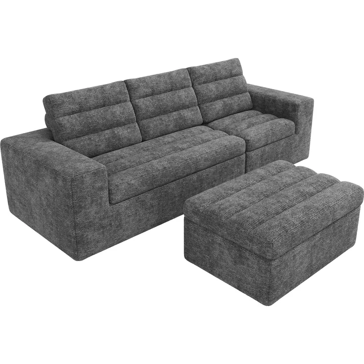Ecksofa 253 x 161 x 89 cm in Hellgrau, modulares Chenille-Sofa mit Hocker, rahmenloser Schaumstoffpolsterung – Bild 6