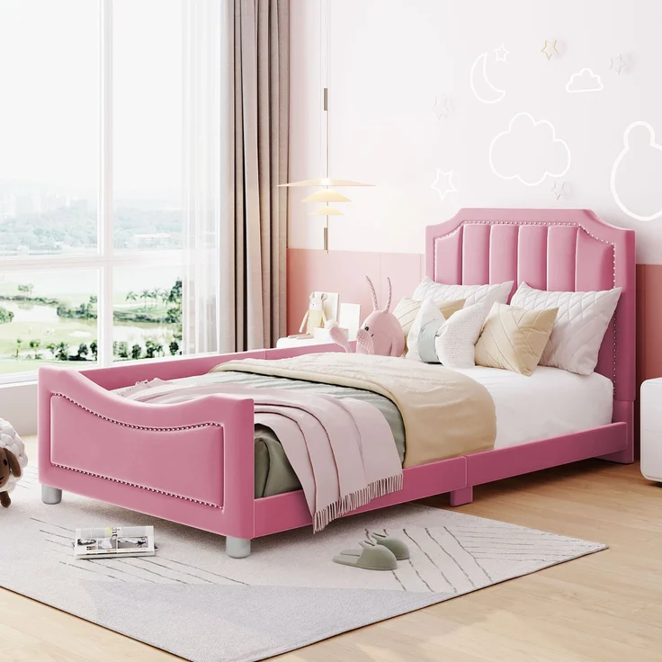 Kinder Polsterbett mit Bogendesign, Flanellbezug, dekorativen Nieten, weichem Rahmen, vielseitig nutzbar als Schlafsofa – Bild 3