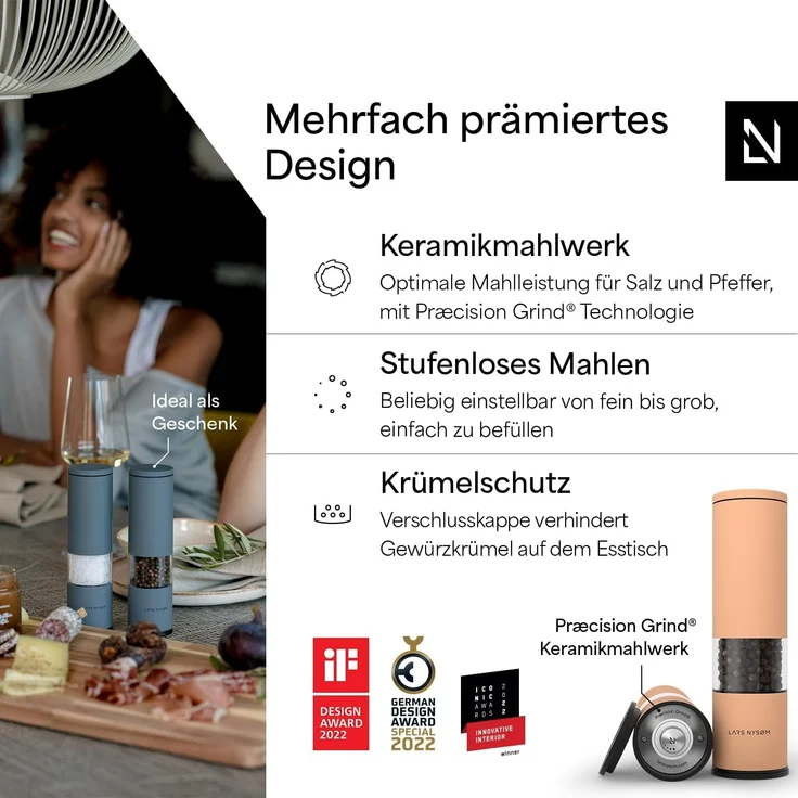 LARS NYSØM Salz und Pfeffermühle Set Manuell mit einstellbarem Keramikmahlwerk I Edelstahl Pfeffermühle und Salzmühle I Design Gewürzmühlen Set (2 Stück) (Creamy Peach) – Bild 2