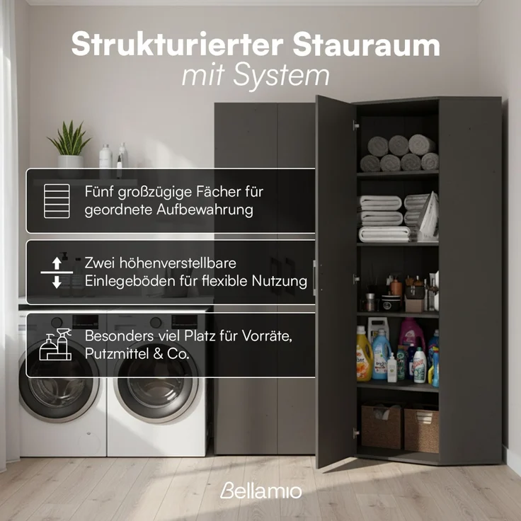 Bellamio 'Apol' Eckschrank, schwarz, 176x63x63 cm, Mehrzweckschrank mit 5 Fächern, inkl. 2 verstellbaren Einlegeböden – Bild 3