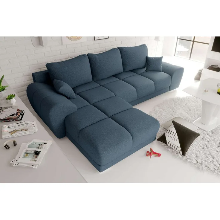 99rooms Antalya Ecksofa Strukturstoff NEVE Dunkelblau Links mit Schlaffunktion