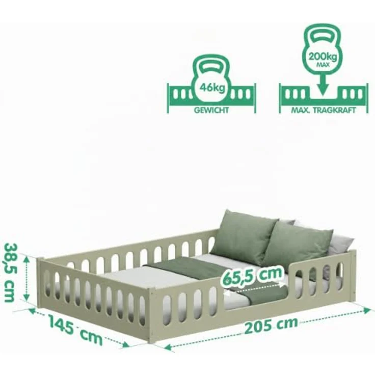 CADANI Monte 140x200 Grün Bodenbett - Rausfallschutz abnehmbar, bis 200 kg | Montessori Kinderbett, robuster Roll-Lattenrost, abgerundete Kanten, hochwertige Fertigung in der EU für langlebige Qualität – Bild 3