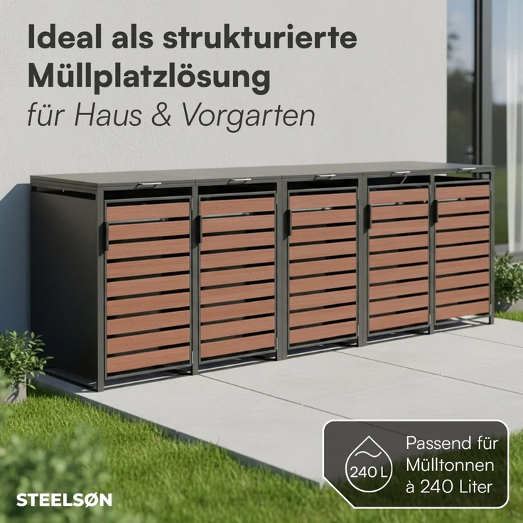 STEELSØN 'Kestra' Mülltonnenbox 5er je 240 Liter, graphitschwarz mit Nußbaum-Holzoptik, Mülltonnenverkleidung aus Stahl, wetterfest, 116x80x337 cm, Müllbox für 5 Tonnen – Bild 2