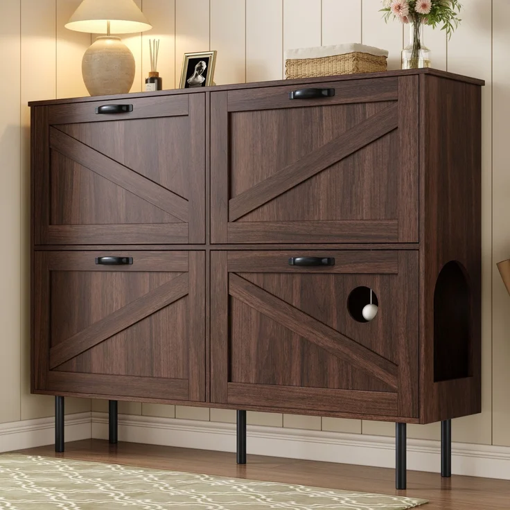 Merax Schmaler Schuhschrank mit 3 Klappen, mit Ablage für Tierspielzeug, Schuhregal, Schuhablage, Natural walnut – Bild 2