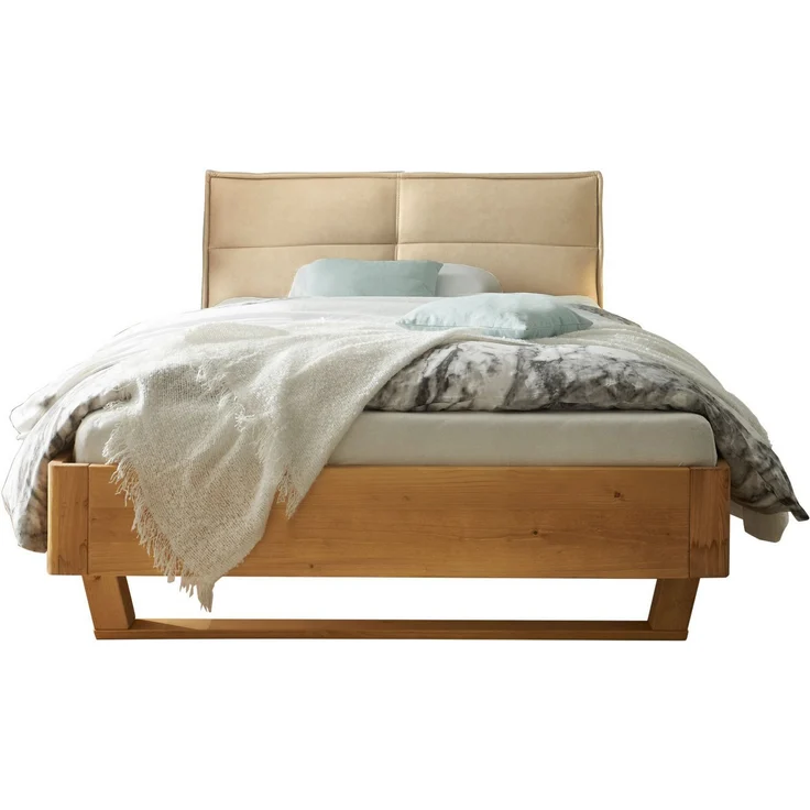 Stella Trading TJARK Modernes Massivholzbett 140x200, Fichte - Komfortables & hochwertiges Balkenbett mit gepolstertem Kopfteil - 146 x 89 x 219 cm (B/H/T) – Bild 5