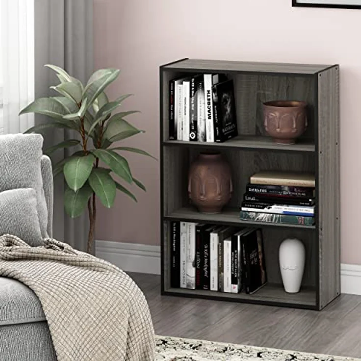 Furinno Pasir Bücherregal mit 3 Fächern, holz, Französisches Eichengrau, 24. 64x57. 66x80 cm – Bild 3