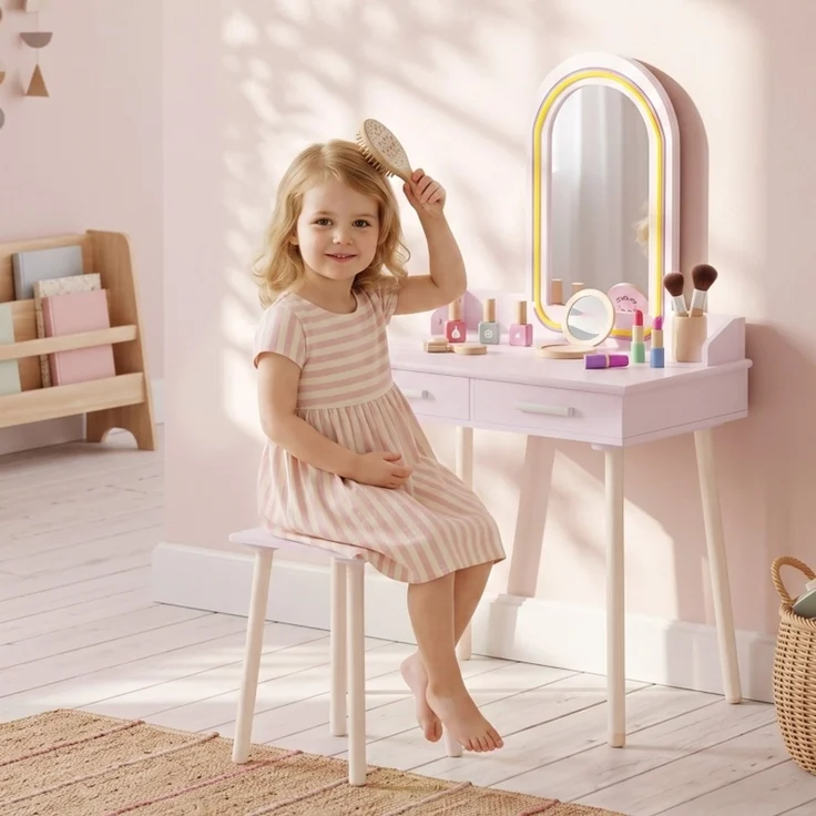 inder Schminktisch Set 2 in 1 Frisiertisch Schreibtisch mit Hocker LED-Spiegel in 3 Lichtfarben 2 Schublade 3-8 Jahre--Rosa--60x36x100cm--YOUDENOVA – Bild 2